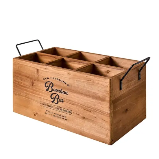 American Art Decor The Bourbon Bar Wood Crate Bottle Holder with Metal Handles - 7" x 14" x 8" {1}