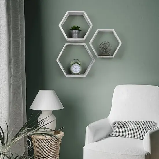 Rustic Gray Floating Hexagonal Shelf Set {6}