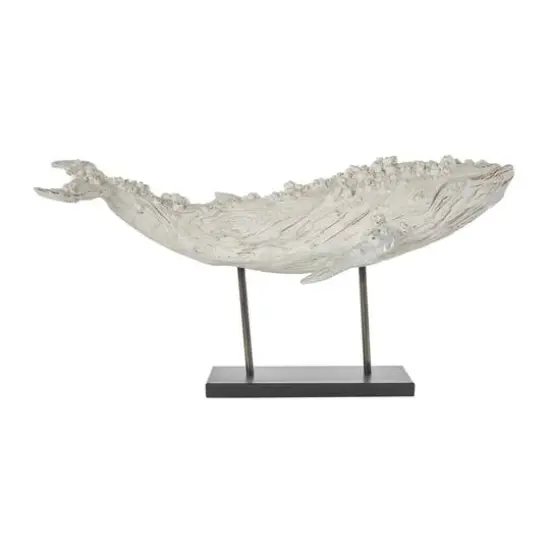 32" Cream Polystone Whale Sculpture with Brown Distressing & Black Metal Stand {8}