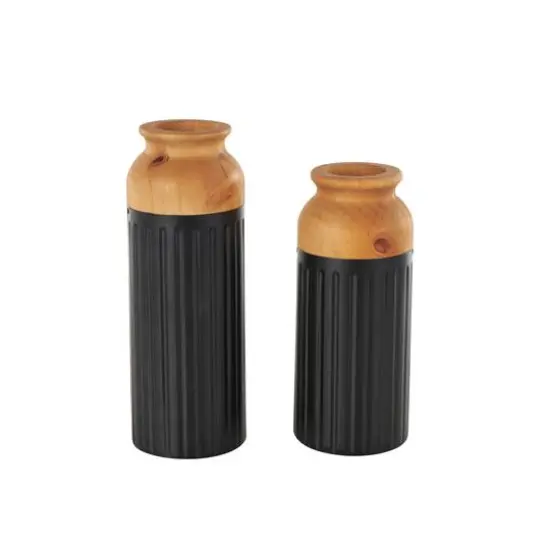 Black Metal Color Block Decorative Vase with Rounded Linear Grooves & Brown Wood Tops, 2ct. {7}