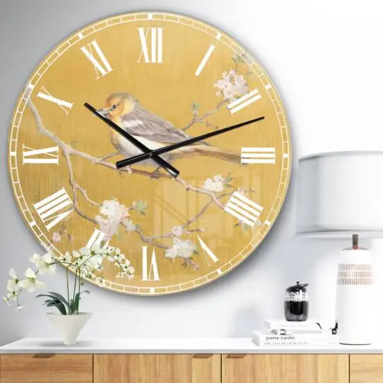 Designart 'Gold Bird On Blossoms I Traditional Wall Clock {3}