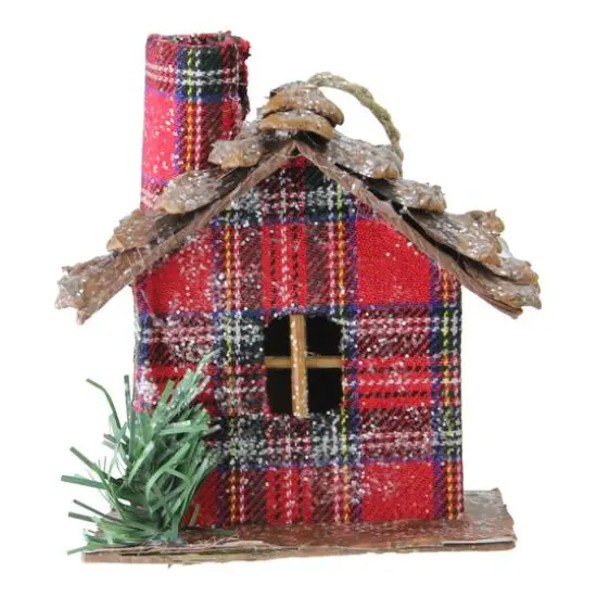 4" Frosted & Glittered Red & Brown Plaid Country Cabin Christmas Ornament {1}