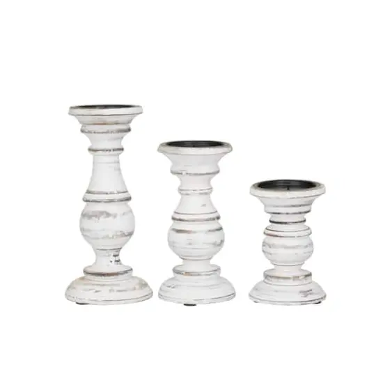 Mango Wood Traditional Candle Holder Set White {4}