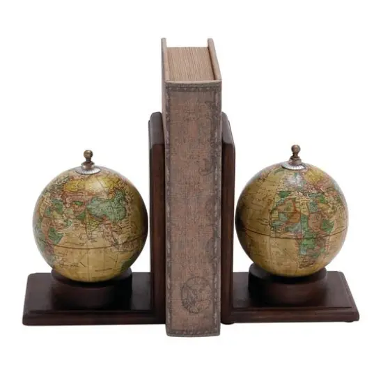 8" Rustic Brown Wood Globe Bookends {1}