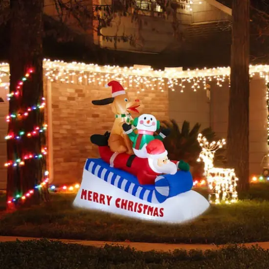 Glitzhome&reg; 6FT Lighted Inflatable Skiing Santa, Snowman & Dog {4}
