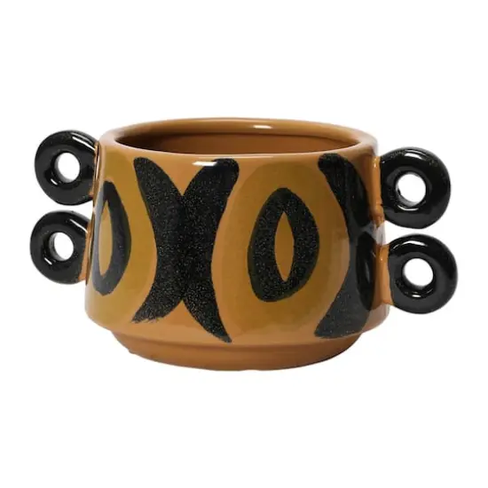 8" Brown and Black Hand Painted Stoneware Planter with Handles {3}