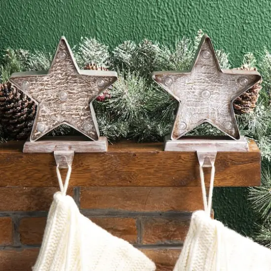 Glitzhome&reg; 8" Marquee LED Star Wooden & Metal Stocking Holder Set {4}