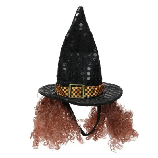 5.5" Black and Orange Shiny Polka Dotted and Checkered Pet Animal Witches Hat and Curly Hair Halloween Costume {1}