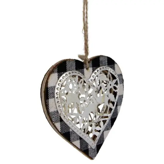 4.25" Black and White Buffalo Plaid Heart with Reindeer Christmas Ornament {10}