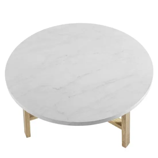 Faux White Marble & Light Oak Mid Century Modern Round Coffee Table {7}