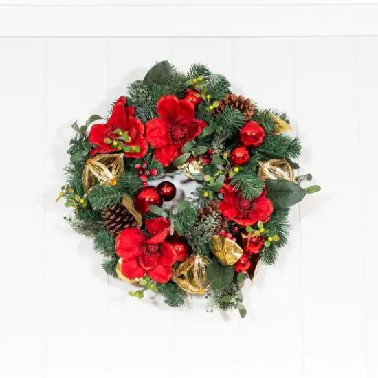 Village Lighting 24" Pre-Lit Red Magnolia Christmas Wreath, Clear LED Lights {8}