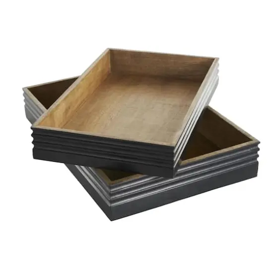 Brown Mango Wood Handmade Tray Set with Black Groove Exterior {4}