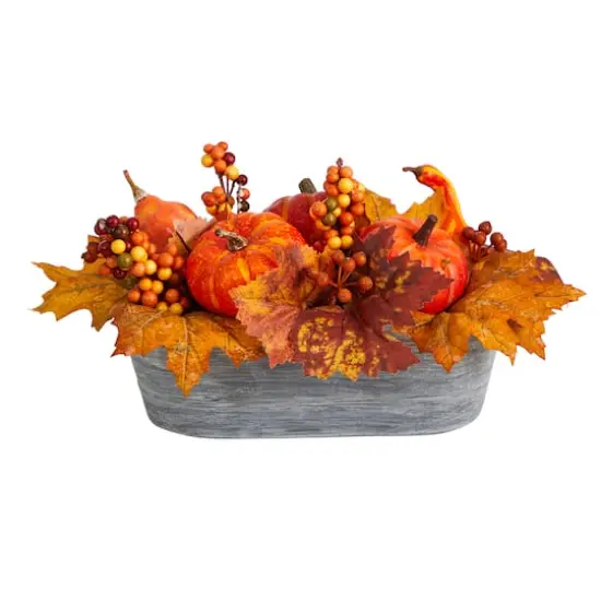 12" Pumpkin & Berries Autumn Harvest Arrangement In Washed Vase {1}