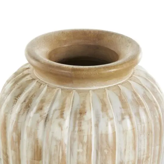 11" Light Brown Mango Wood Distressed Vase with Carved Ridges {6}