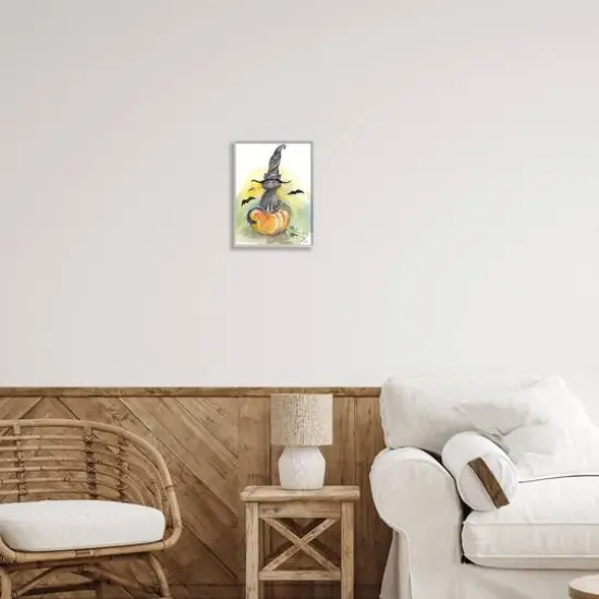 Stupell Industries Witch Cat on Pumpkin Framed Giclee Art Gray {3}