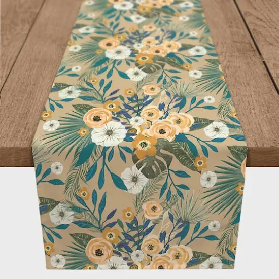 72" Tropical Floral Cotton Twill Runner Beige {1}
