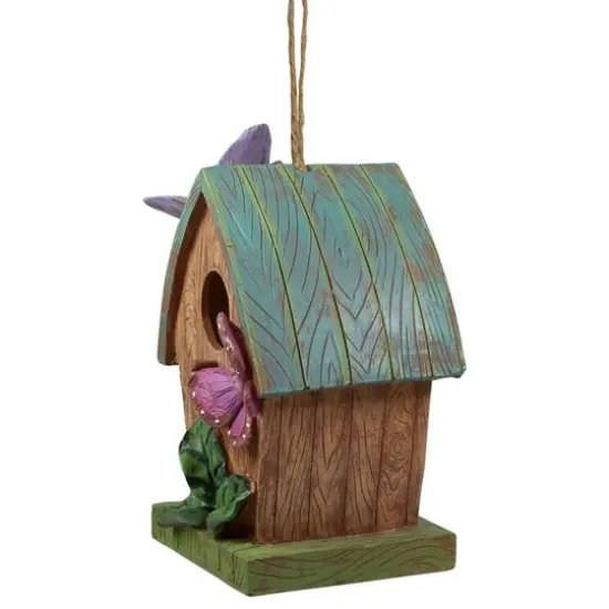 10" Brown & Green Hanging Birdhouse With Butterflies Outdoor Garden Décor {6}