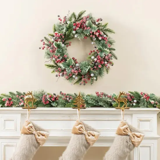 Glitzhome&reg; 24"D Christmas Red Pomegranate Berry & Holy Leaf Wreath {4}
