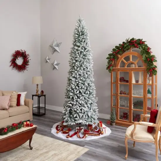 10ft. Pre-Lit Slim Flocked Montreal Fir Artificial Christmas Tree, White LED Lights {3}