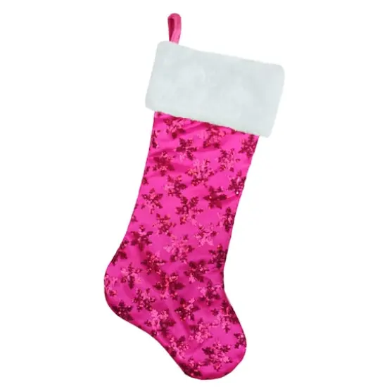 20.5" Sequin Snowflake Stocking with White Faux Fur Cuff, Pink {3}