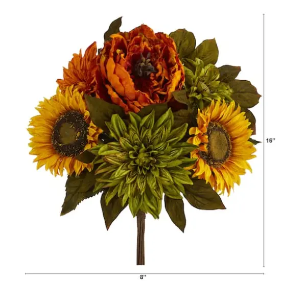 16" Orange Peony, Green Dahlia & Yellow Sunflower Bush, 2ct. {3}