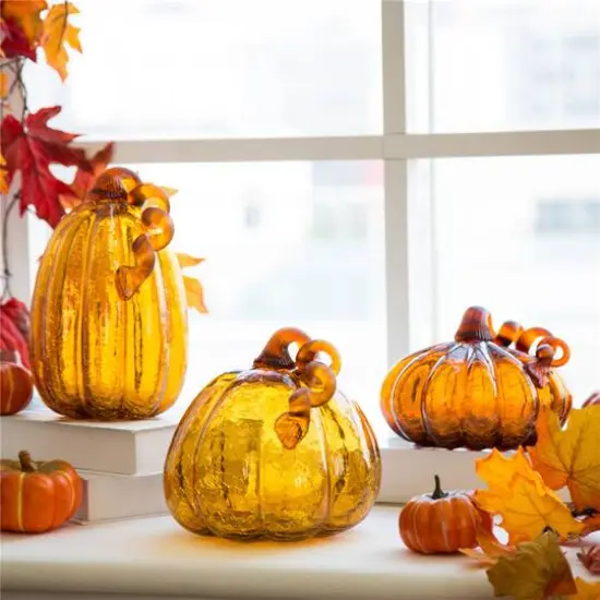 Glitzhome&reg; Tall Crackle Glass Pumpkin, Amber {9}