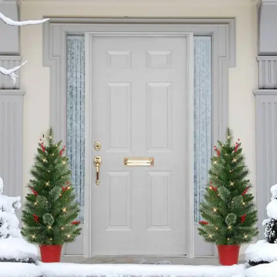 2 Pack 3.5ft. Pre-Lit Faux Cashmere Artificial Potted Christmas Tree, Warm White LED Lights {3}