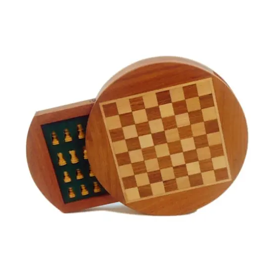 6" Magnetic Round Wood Inlaid Chess Set with Slide Drawer {3}
