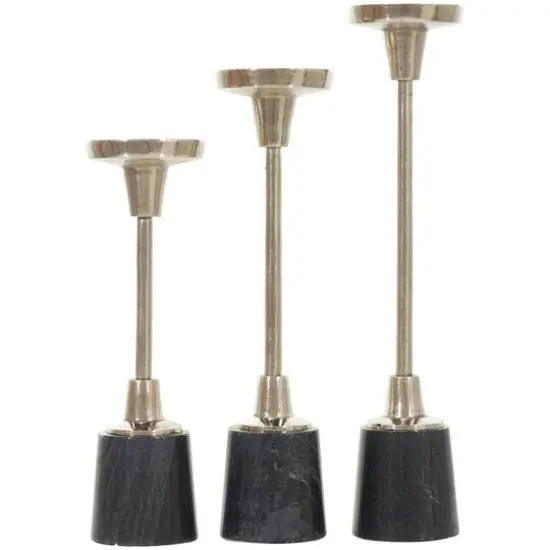 Silver Metal Slim Candle Holder with Black Marble Base Set {8}
