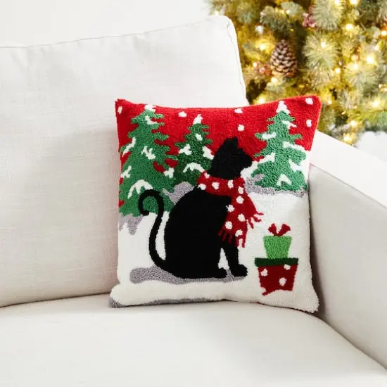 Glitzhome&reg; Hooked Christmas Cat Throw Pillow {4}