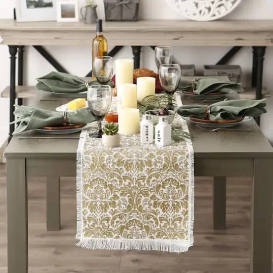 Gold Damask Print Jute Table Runner 14" x 108" {6}