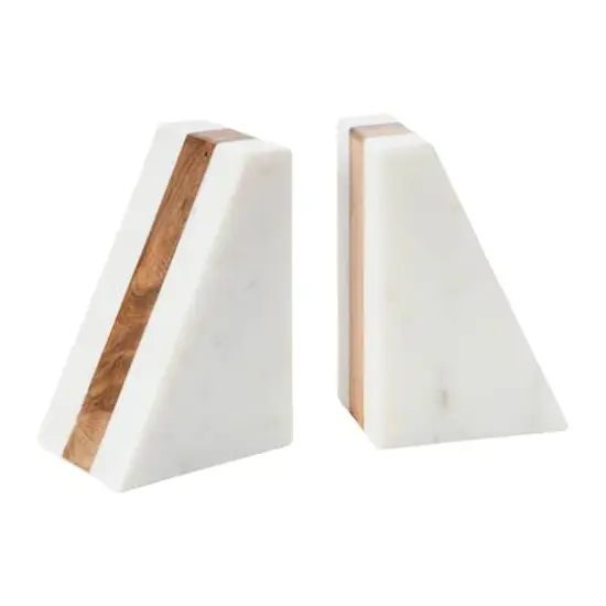 Hello Honey&reg; 6" White Marble Geometric Bookends with Wood Inlay {1}
