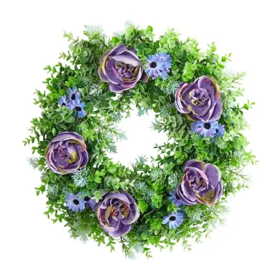 22" Purple Rose, Blue Daisy & Greens Wreath {1}