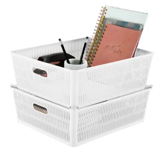 Simplify Slide 2 Stack It Shallow Tote Baskets, 2ct. White {16}