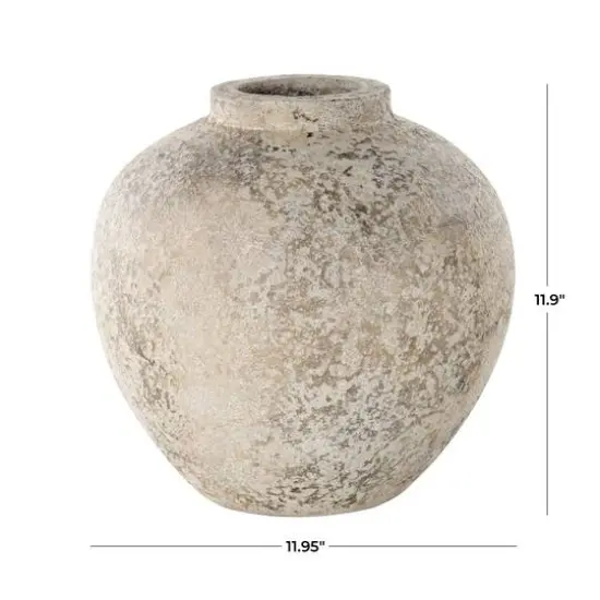 12" Cream Ceramic Antique Style Round Vase with Textured Distressing {8}