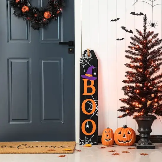 Glitzhome&reg; 35.5" Fall & Halloween Reversible Wood Tag Porch Sign {6}