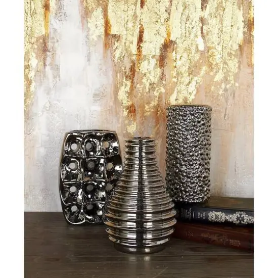 Set of 3 Silver Ceramic Glam Vase, 8" x 5" {13}