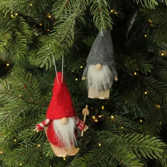 4" Gray & Red Skiing Santa Gnome Christmas Ornament Set {5}
