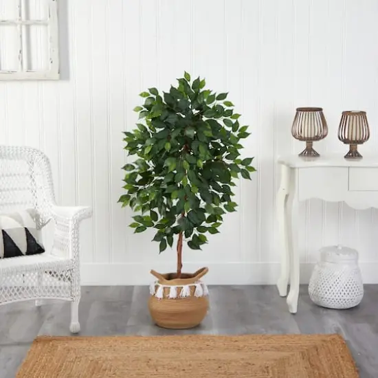4ft. Ficus Artificial Tree in Boho Chic Handmade Natural Cotton Woven Planter with Tassels {4}