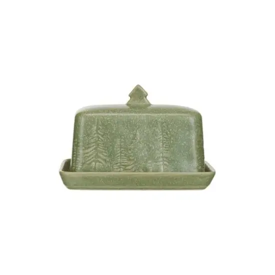 Hello Honey&reg; 6.75" Green Tree Debossed Stoneware Butter Dish with Reactive Glaze Finish {1}