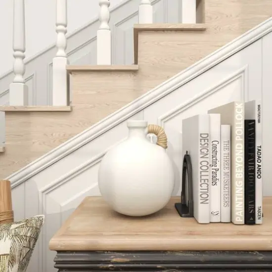 11" White Ceramic Jug Inspired Vase with Rattan Wrapped Handle {12}