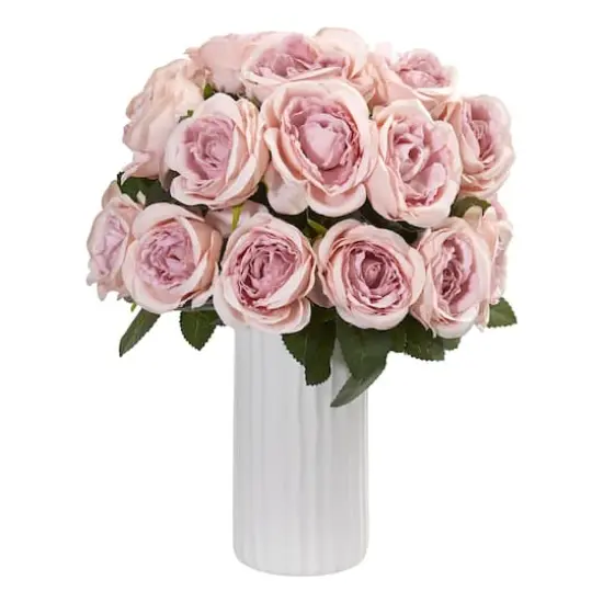 14'' Pink Rose Arrangement in White Vase {1}