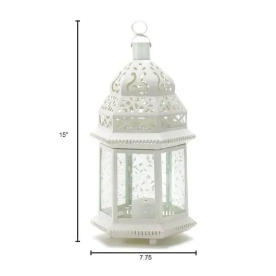 15" White Metal Moroccan Style Hanging Candle Lantern with Etched Floral {3}