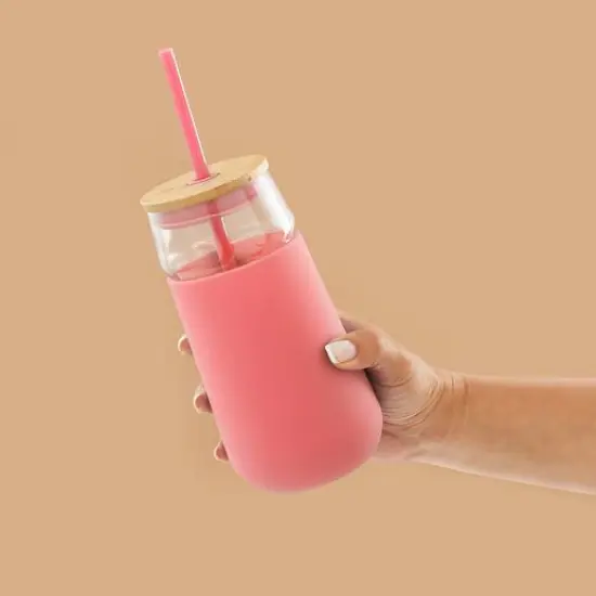 JoyJolt&reg; 20oz. Glass Tumbler with Straws & Silicone Sleeve Pink {9}