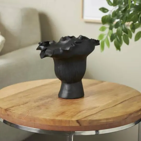 9" Black Ceramic Abstract Floral Inspired Vase with Linear Grooves {3}