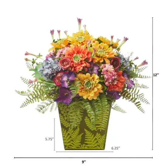 Mixed Flowers Artificial Arrangement in Green Vase {3}