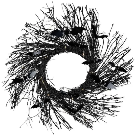 22" Black Pre-Lit Halloween Twig Wreath with Bats {5}
