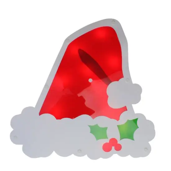 12.5" Lighted Santa Hat with Holly Berries Window Silhouette Decoration {5}