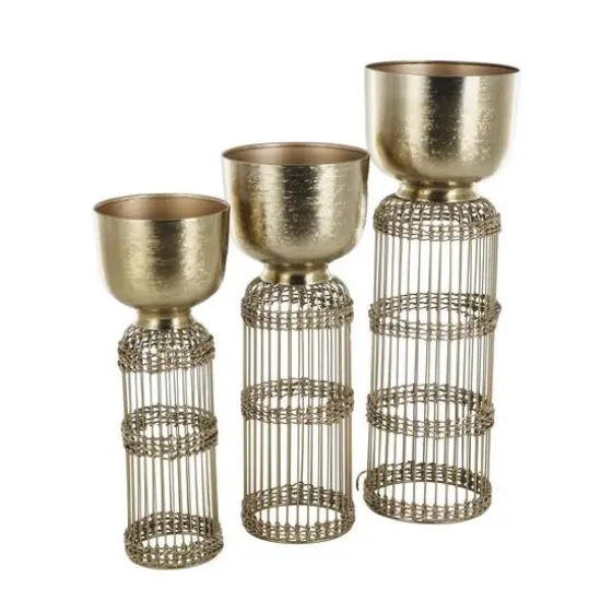 Gold Metal Textured Rounded Dome Planter & Pedestal Base Set {11}