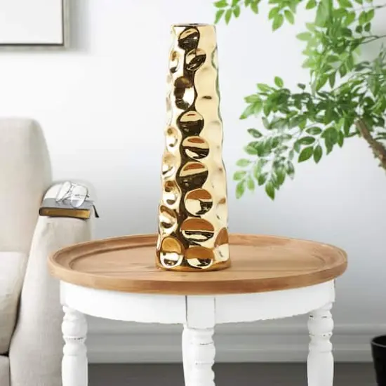 19" Gold Ceramic Concaved Circles Geometric Vase {3}